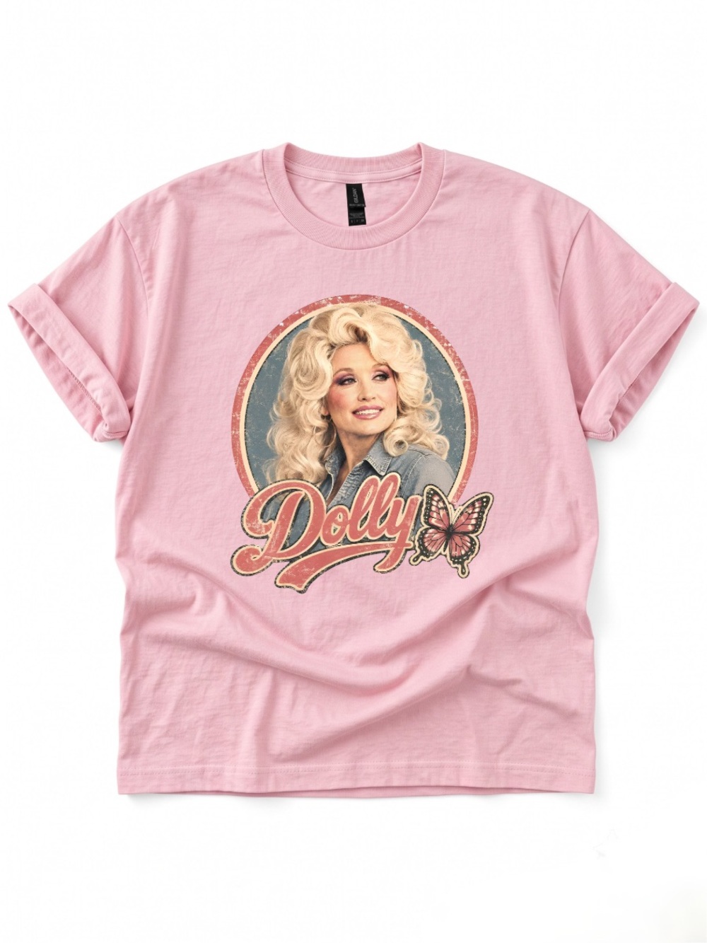 Gildan Pink Dolly Parton Graphic Tee with Butterfly Detail